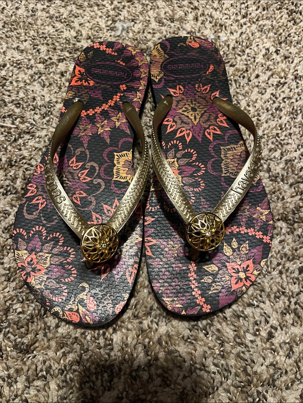 Havaianas Black Floral Flip Flops with Gold Straps and Rose Accents